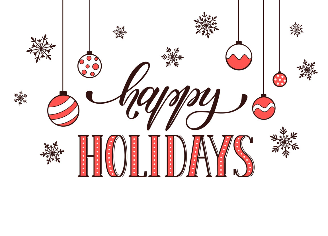 Happy holidays written with snowflakes and ornaments