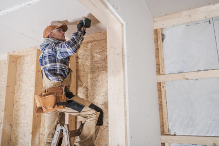 Construction worker on ladder