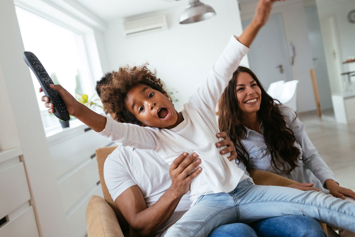 happy family on couch