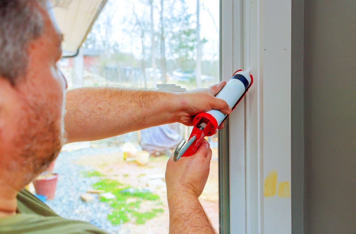 man doing fire caulking on a window